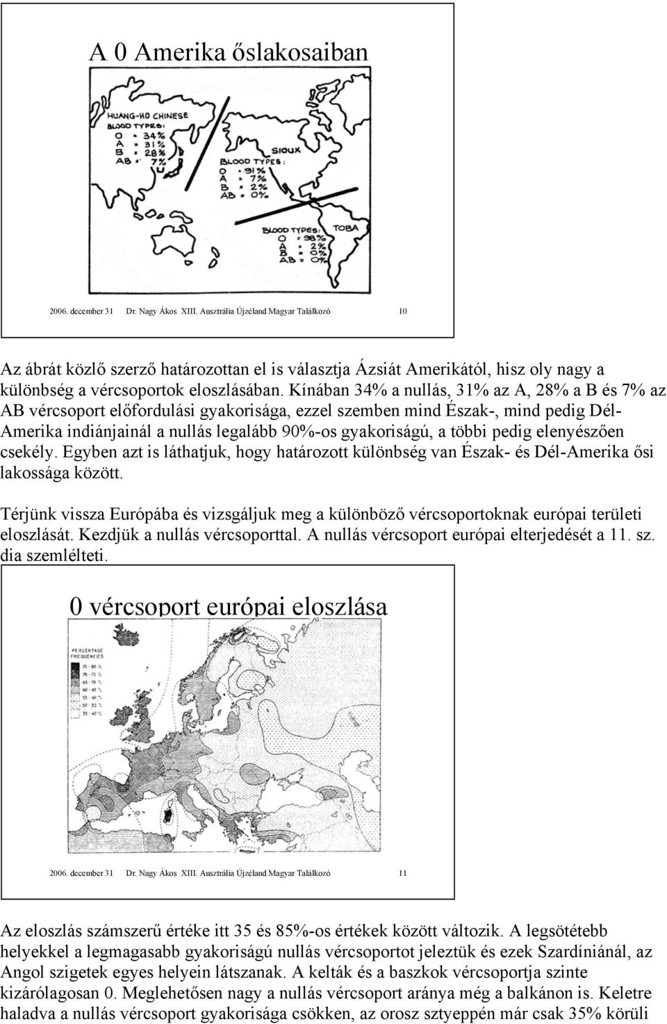 Kínában 34% a nullás, 31% az A, 28% a B és 7% az AB vércsoport előfordulási gyakorisága, ezzel szemben mind Észak-, mind pedig Dél- Amerika indiánjainál a nullás legalább 90%-os gyakoriságú, a többi