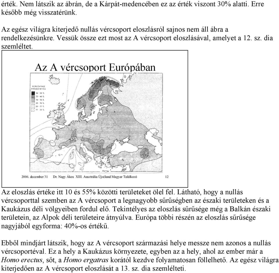 Az A vércsoport Európában 2006. december 31 Dr. Nagy Ákos XIII. Ausztrália Újzéland Magyar Találkozó 12 Az eloszlás értéke itt 10 és 55% közötti területeket ölel fel.