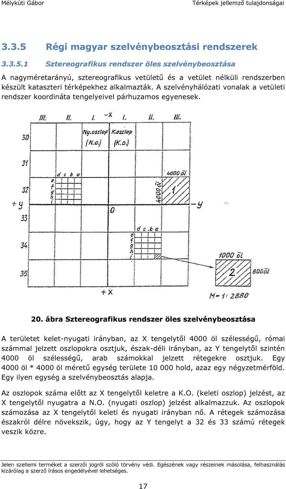 ábra Sztereografikus rendszer öles szelvénybeosztása A területet kelet-nyugati irányban, az X tengelytől 4000 öl szélességű, római számmal jelzett oszlopokra osztjuk, észak-déli irányban, az Y
