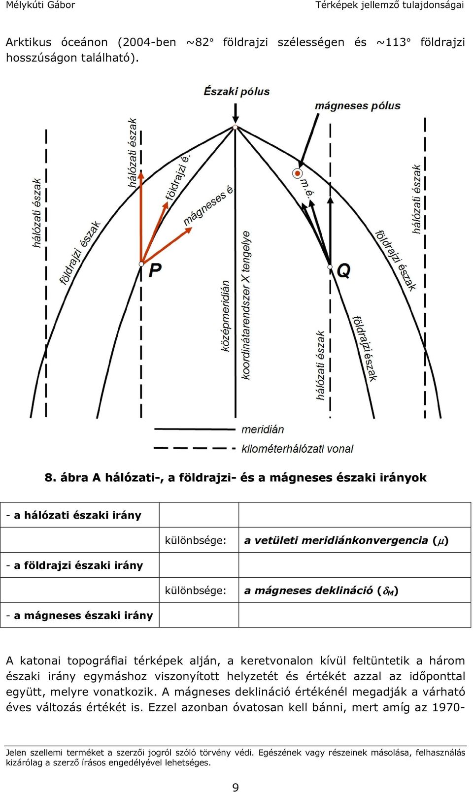 irány különbsége: a mágneses deklináció (δ M ) - a mágneses északi irány A katonai topográfiai térképek alján, a keretvonalon kívül feltüntetik a három északi