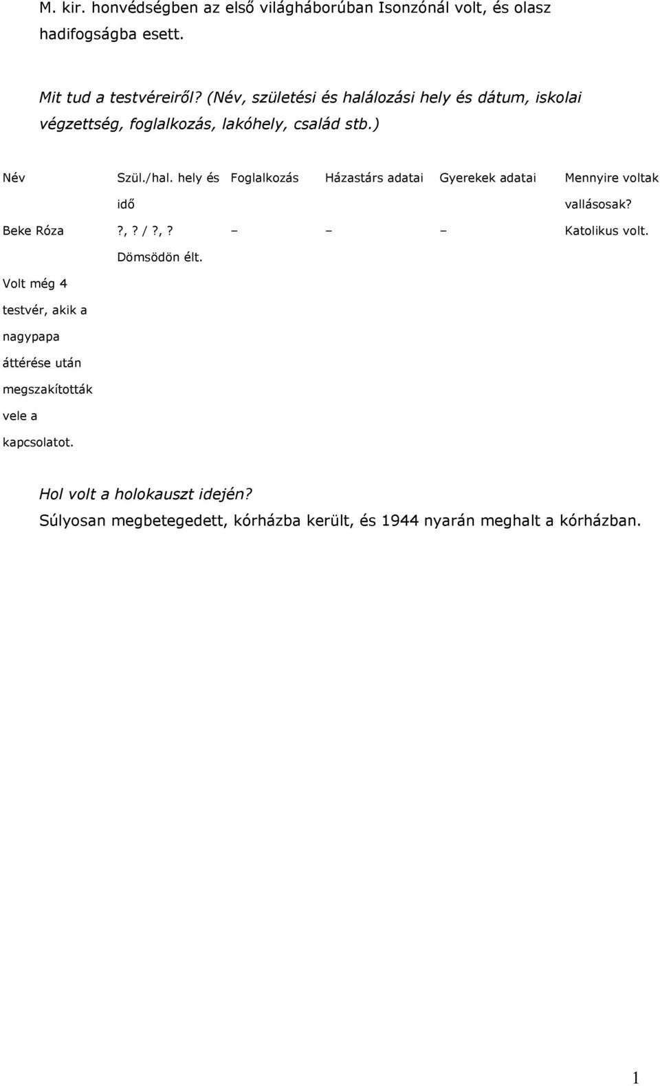 hely és idő Foglalkozás Házastárs adatai Gyerekek adatai Mennyire voltak vallásosak? Beke Róza?,? /?,? Katolikus volt. Dömsödön élt.