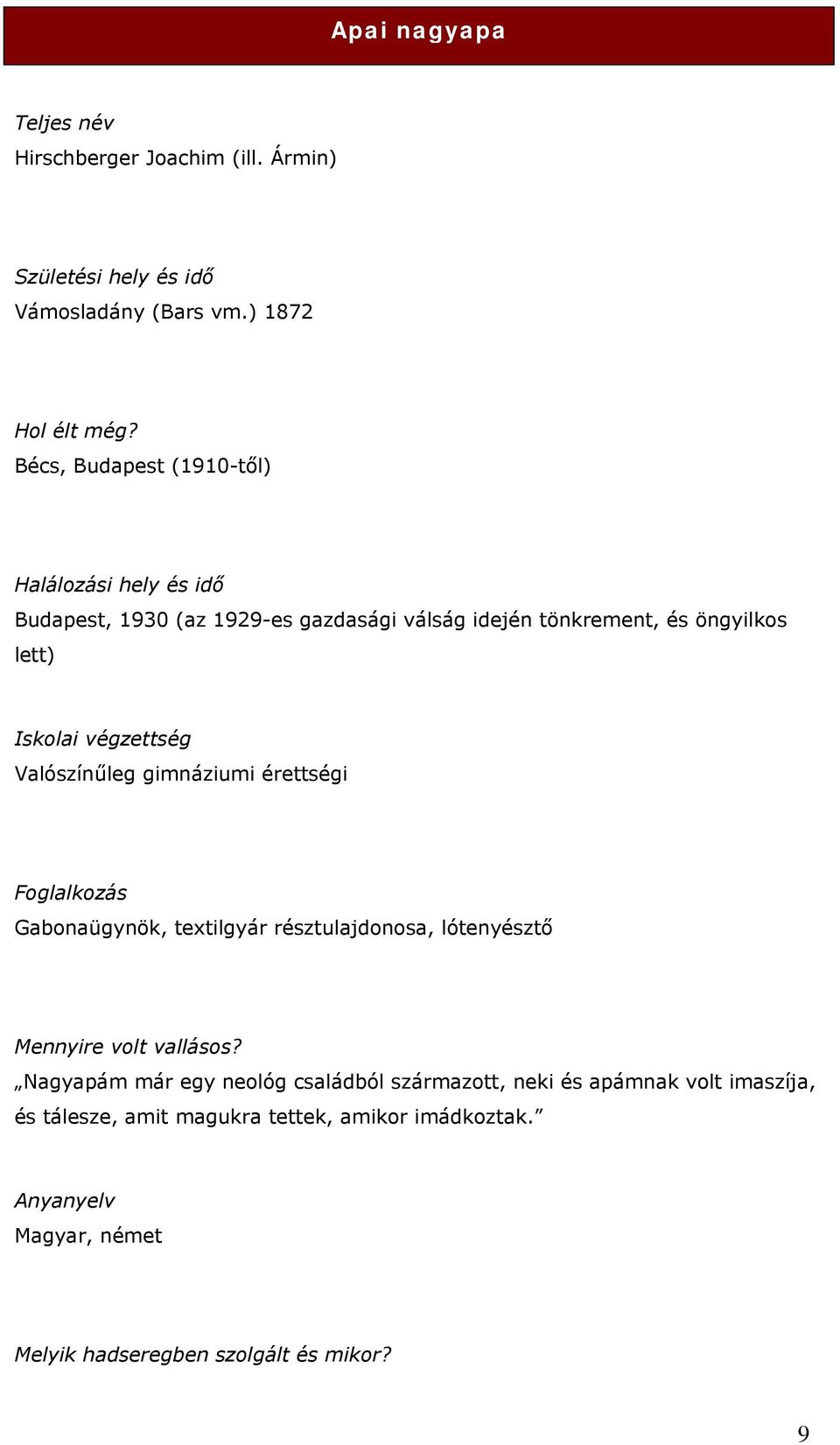 Valószínűleg gimnáziumi érettségi Foglalkozás Gabonaügynök, textilgyár résztulajdonosa, lótenyésztő Mennyire volt vallásos?