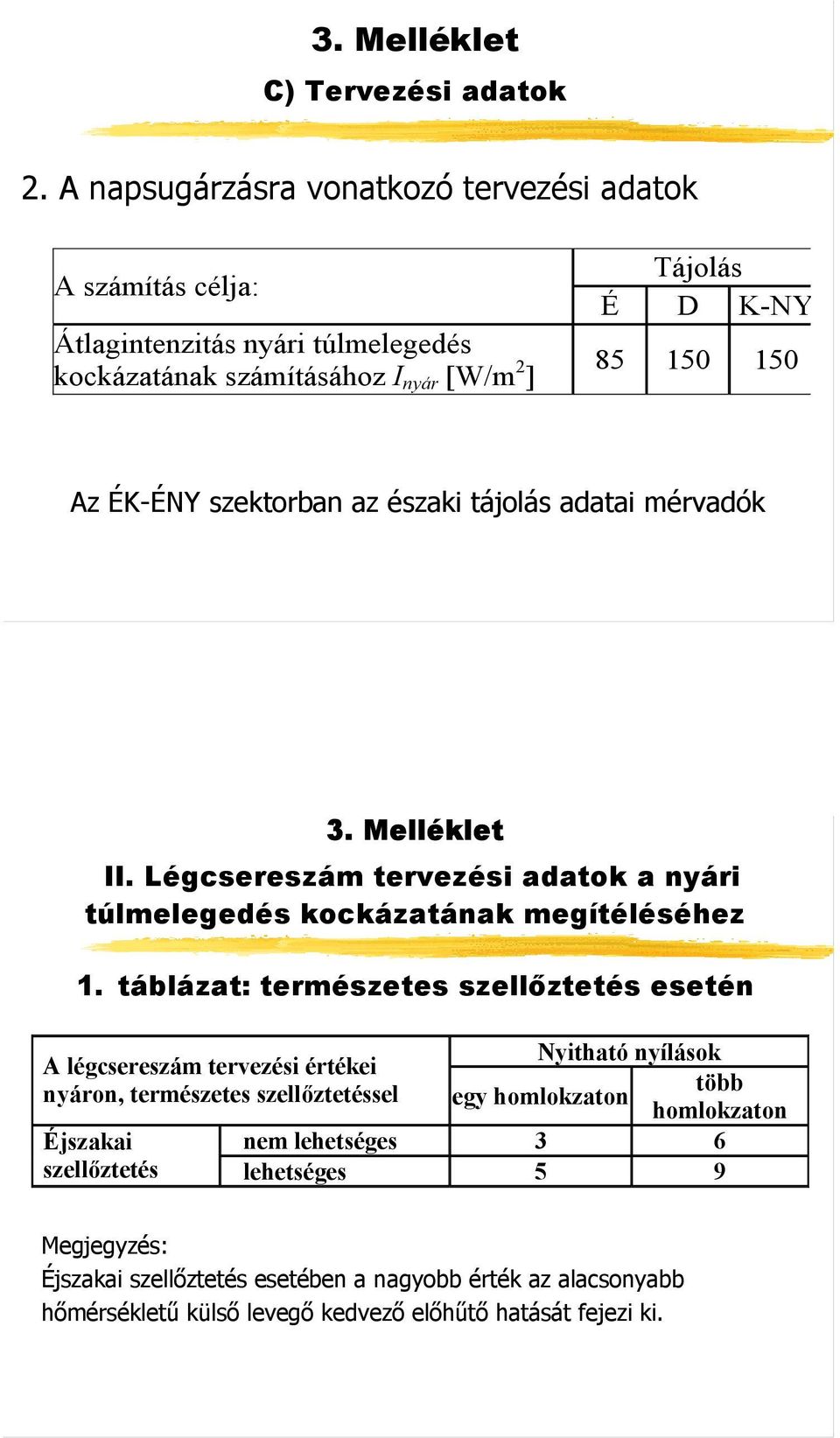 szektorban az északi tájolás adatai mérvadók 3. Melléklet II. Légcsereszám tervezési adatok a nyári túlmelegedés kockázatának megítéléséhez 1.