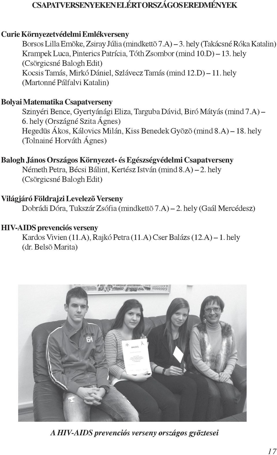 hely (Martonné Pálfalvi Katalin) Bolyai Matematika Csapatverseny Szinyéri Bence, Gyertyánági Eliza, Targuba Dávid, Biró Mátyás (mind 7.A) 6.