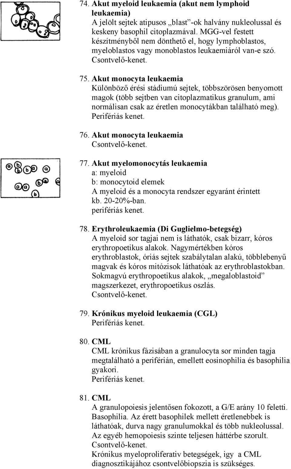 Akut monocyta leukaemia Különböző érési stádiumú sejtek, többszörösen benyomott magok (több sejtben van citoplazmatikus granulum, ami normálisan csak az éretlen monocytákban található meg). 76.