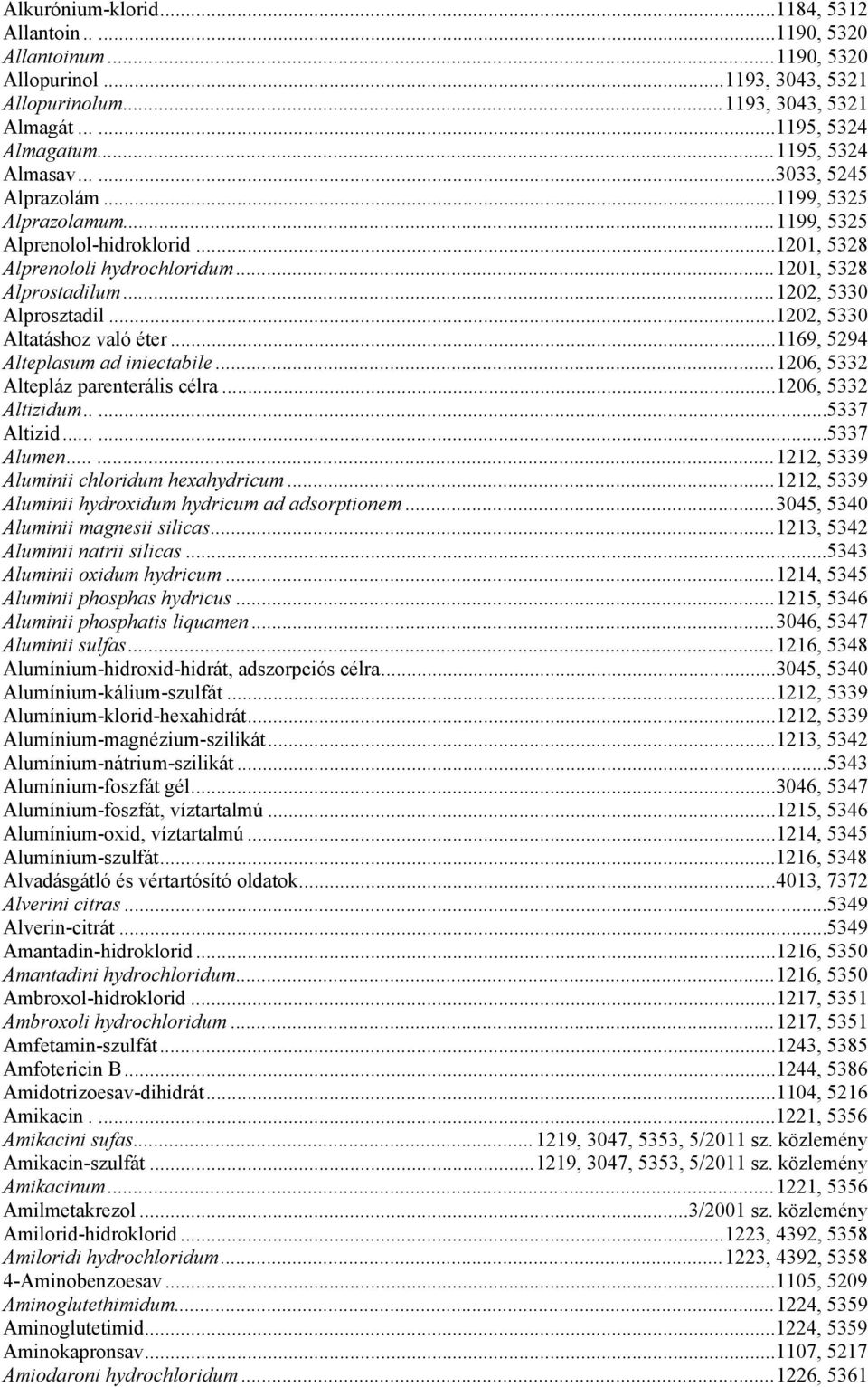 ..1202, 5330 Altatáshoz való éter...1169, 5294 Alteplasum ad iniectabile...1206, 5332 Altepláz parenterális célra...1206, 5332 Altizidum.....5337 Altizid......5337 Alumen.