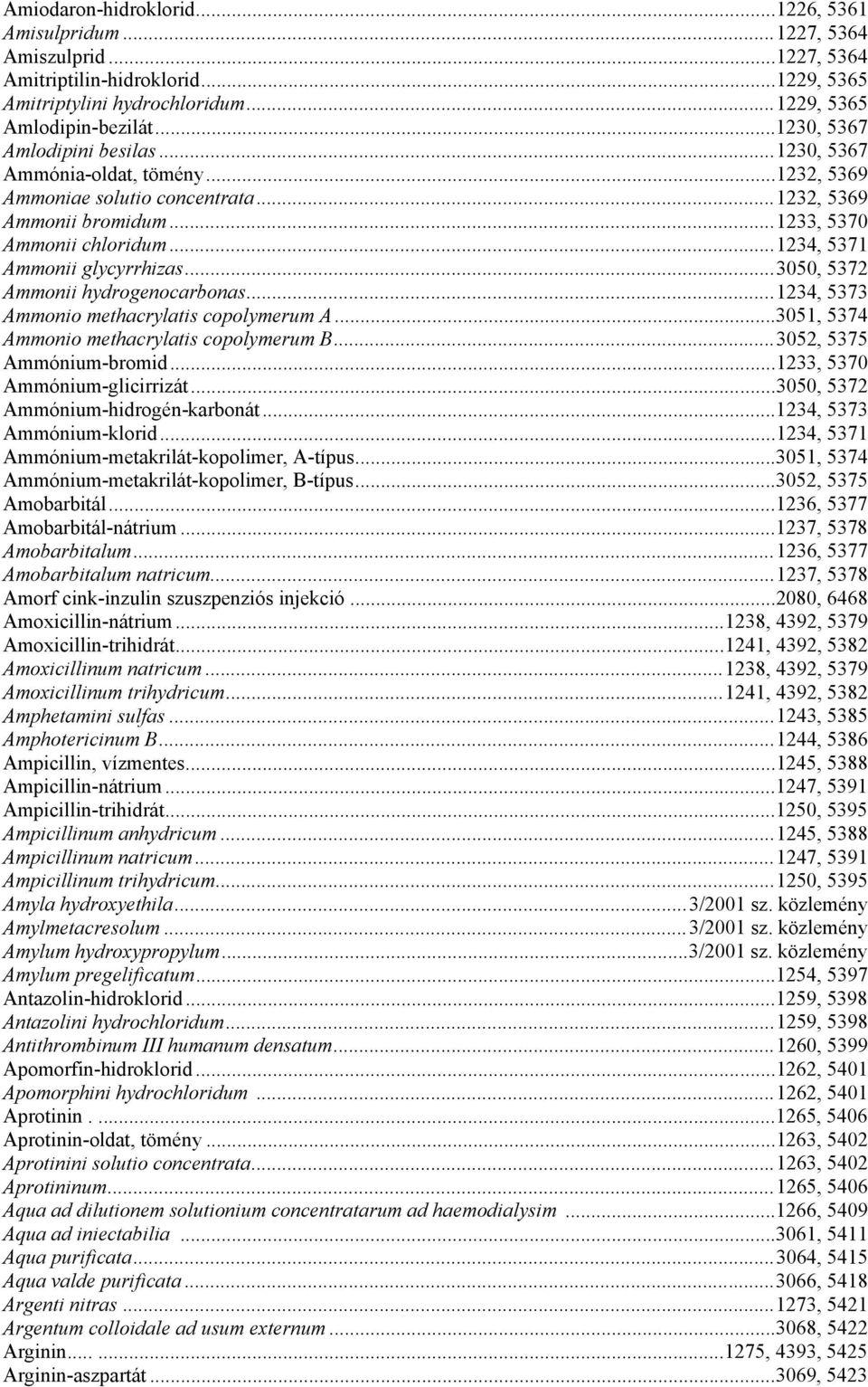 ..1234, 5371 Ammonii glycyrrhizas...3050, 5372 Ammonii hydrogenocarbonas...1234, 5373 Ammonio methacrylatis copolymerum A...3051, 5374 Ammonio methacrylatis copolymerum B...3052, 5375 Ammónium-bromid.