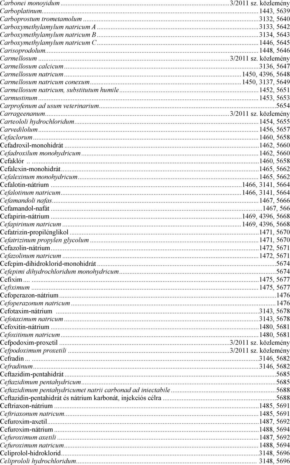 ..1450, 4396, 5648 Carmellosum natricum conexum...1450, 3137, 5649 Carmellosum natricum, substitutum humile...1452, 5651 Carmustinum...1453, 5653 Carprofenum ad usum veterinarium...5654 Carrageenanum.