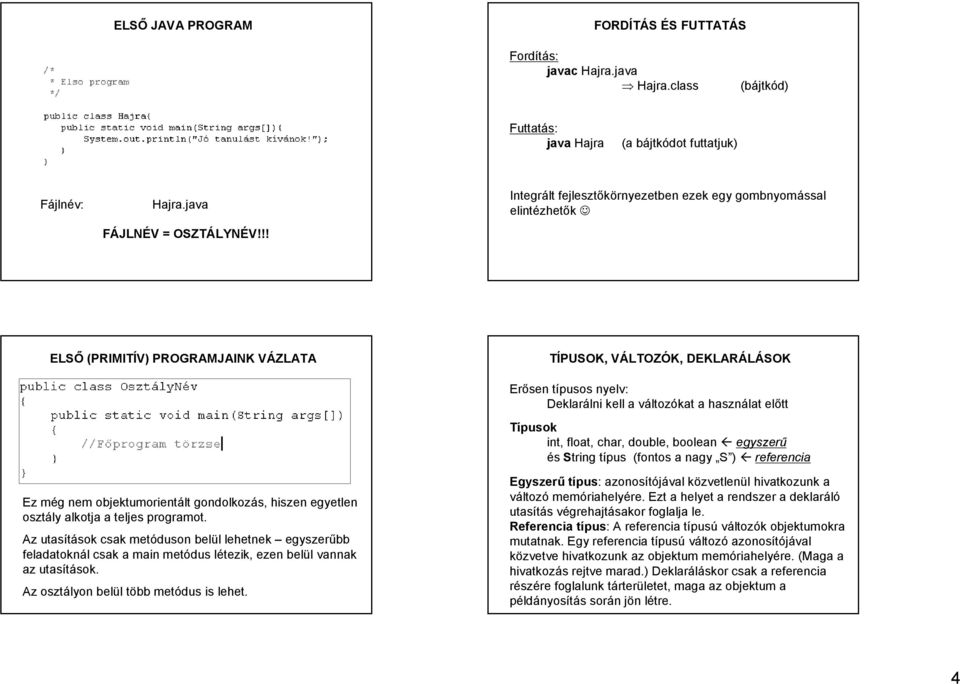 használat előtt Típusok int, float, char, double, boolean egyszerű és String típus (fontos a nagy S ) referencia Ez még nem objektumorientált gondolkozás, hiszen egyetlen osztály alkotja a teljes