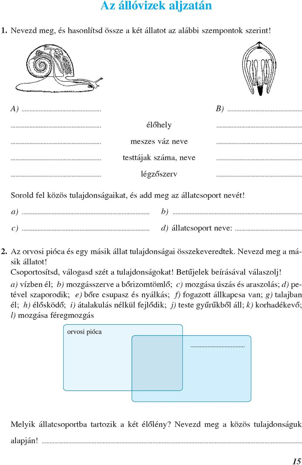 Nevezd meg a másik állatot! Csoportosítsd, válogasd szét a tulajdonságokat! Betûjelek beírásával válaszolj!