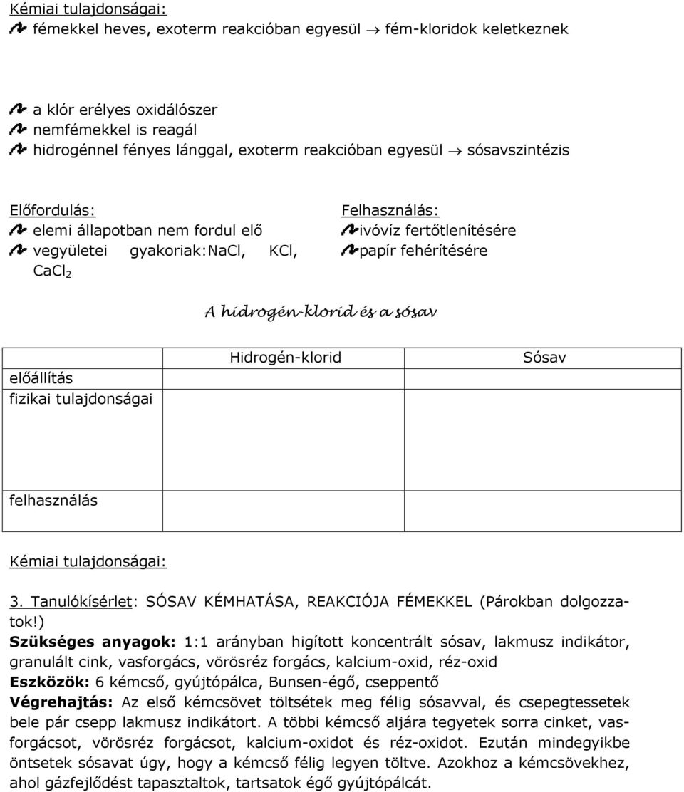 fizikai tulajdonságai Hidrogén-klorid Sósav felhasználás Kémiai tulajdonságai: 3. Tanulókísérlet: SÓSV KÉMHTÁS, REKCIÓJ FÉMEKKEL (Párokban dolgozzatok!