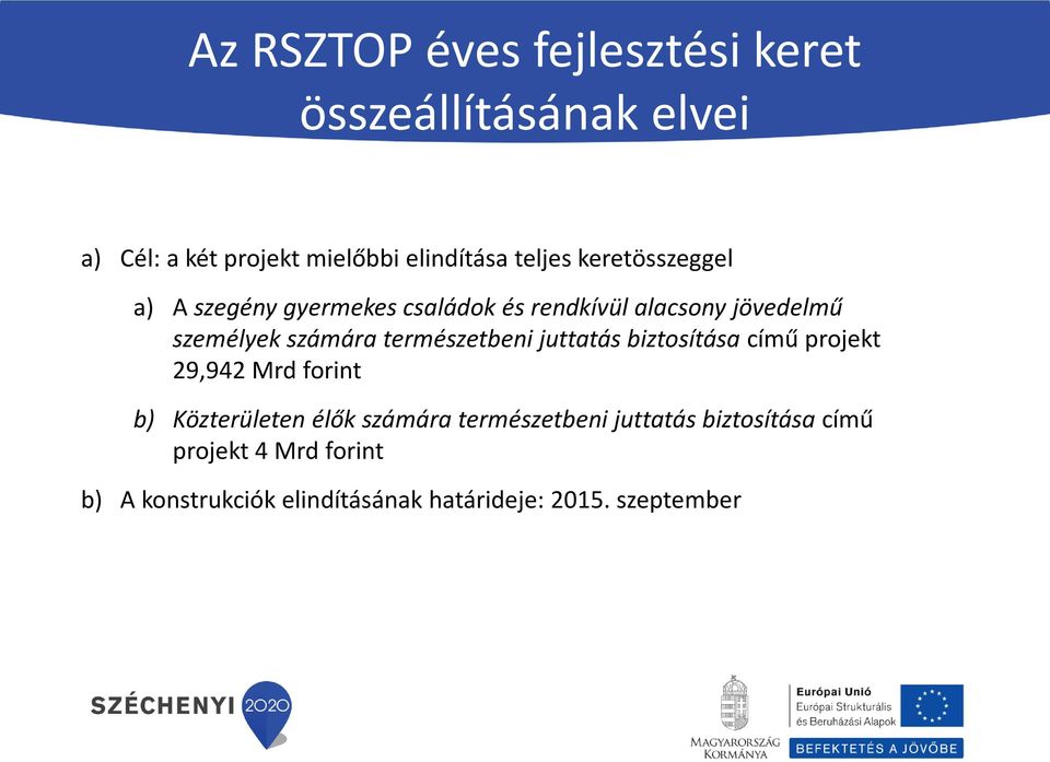 természetbeni juttatás biztosítása című projekt 29,942 Mrd forint b) Közterületen élők számára