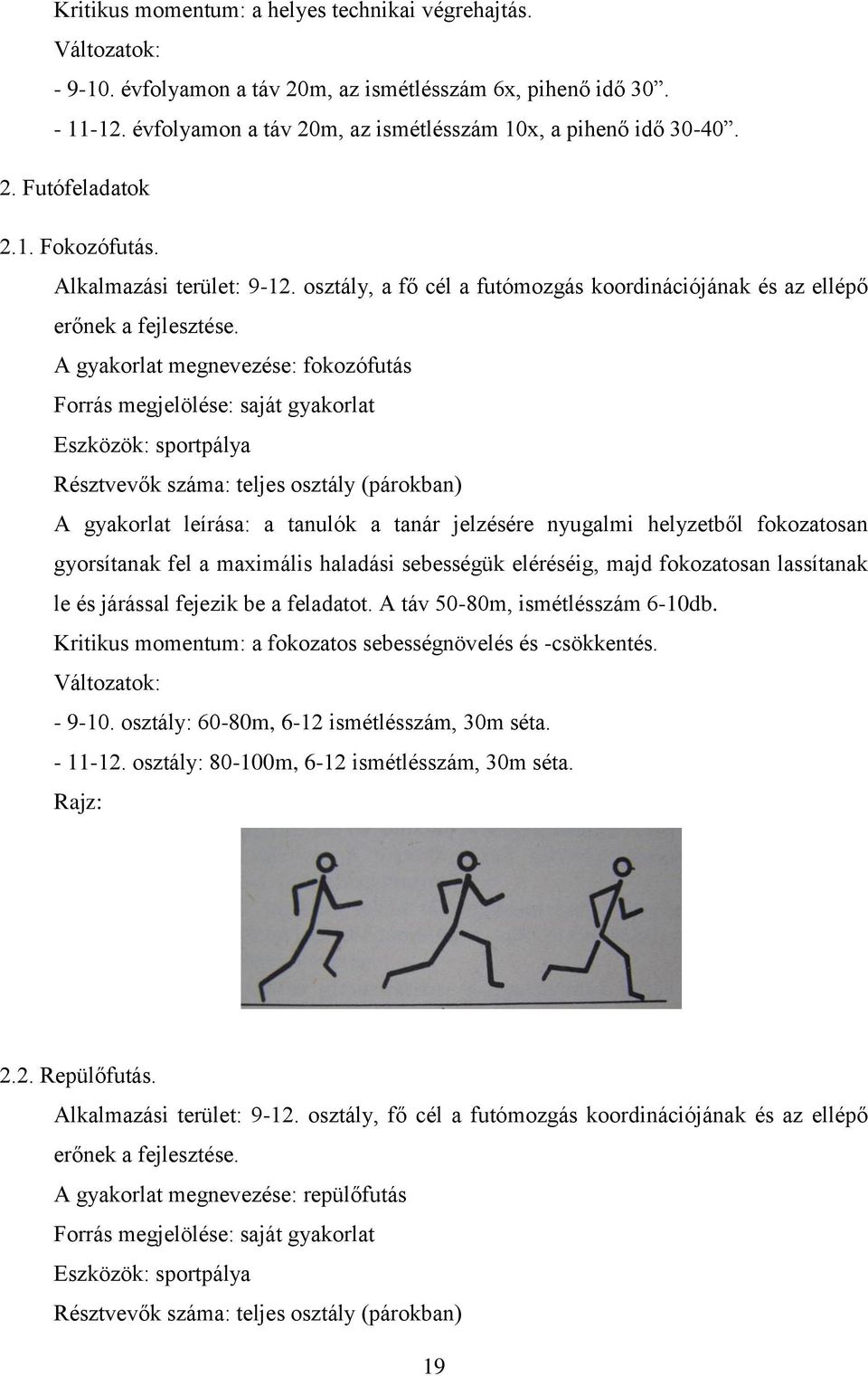 A gyakorlat megnevezése: fokozófutás Eszközök: sportpálya Résztvevők száma: teljes osztály (párokban) A gyakorlat leírása: a tanulók a tanár jelzésére nyugalmi helyzetből fokozatosan gyorsítanak fel