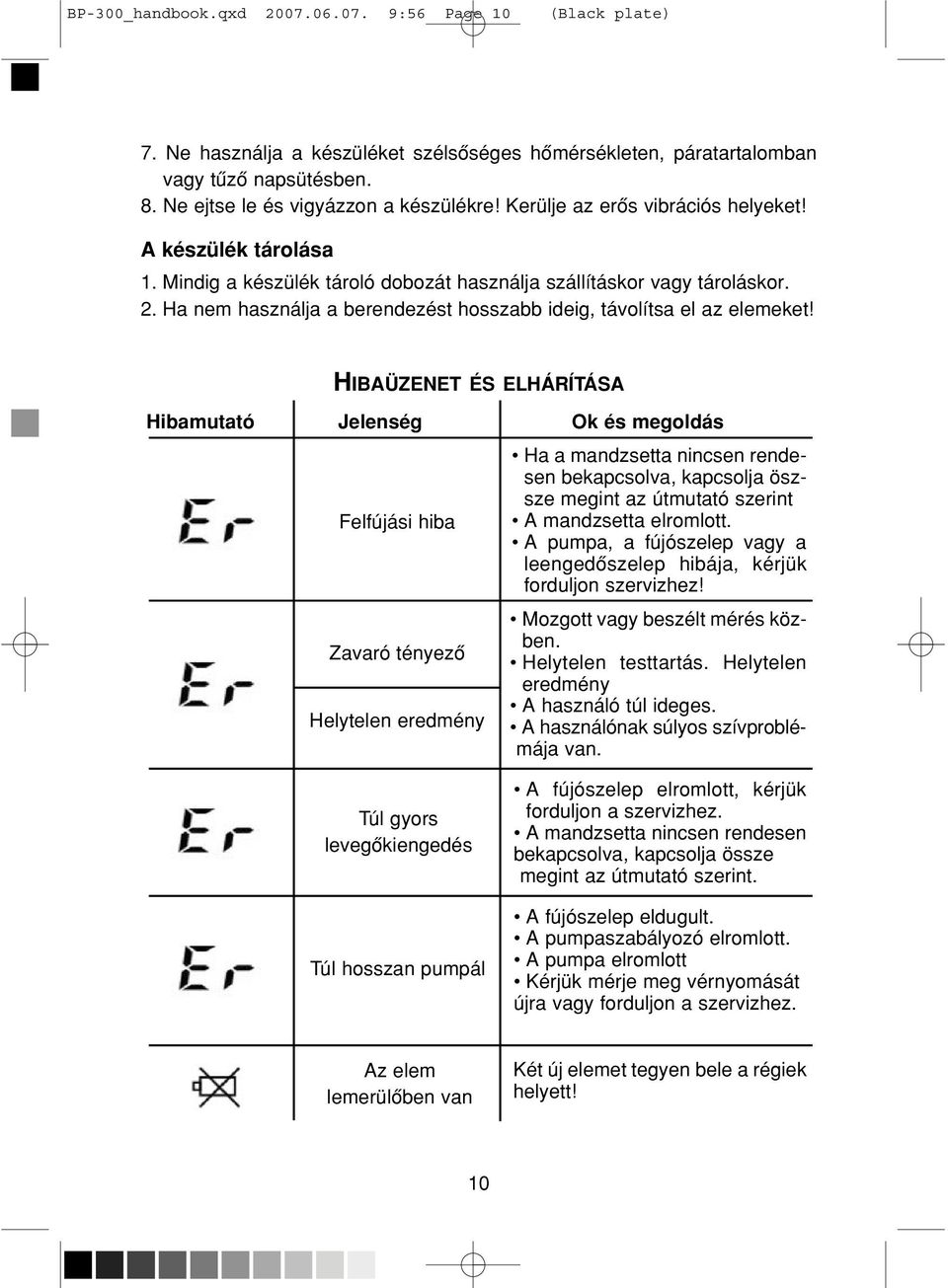 Ha nem használja a berendezést hosszabb ideig, távolítsa el az elemeket!