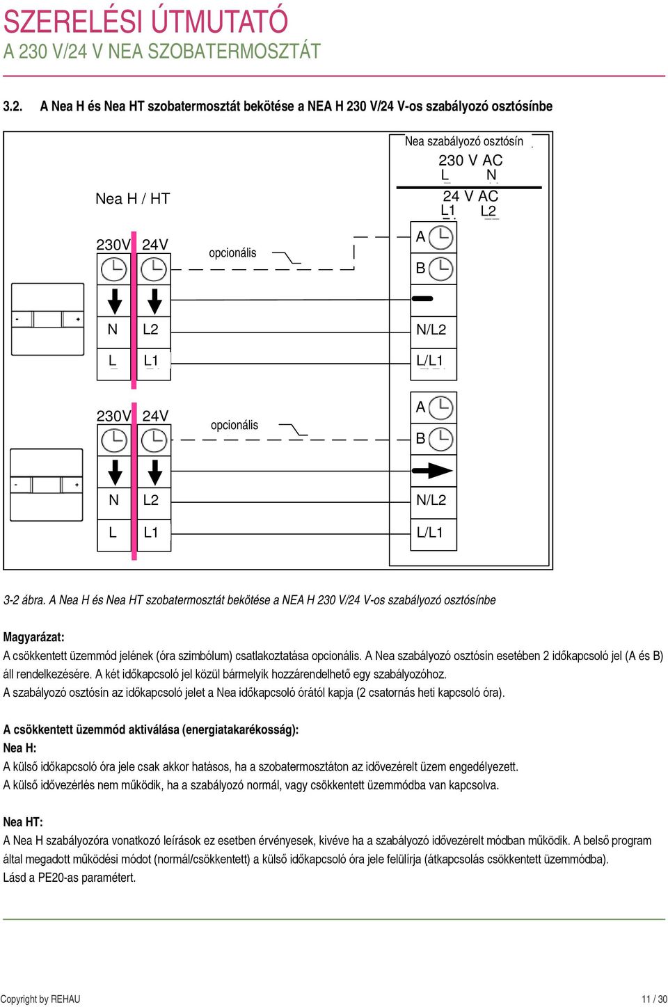 A Nea H és Nea HT szobatermosztát bekötése a NEA H 230 V/24 V-os szabályozó osztósínbe Magyarázat: A csökkentett üzemmód jelének (óra szimbólum) csatlakoztatása opcionális.