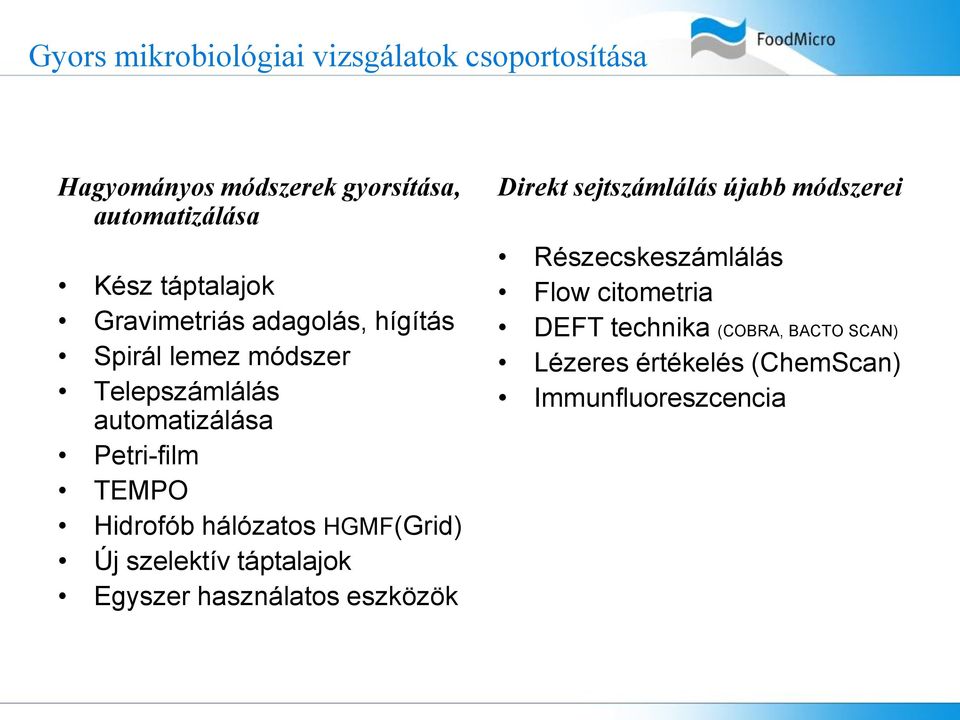 hálózatos HGMF(Grid) Új szelektív táptalajok Egyszer használatos eszközök Direkt sejtszámlálás újabb módszerei