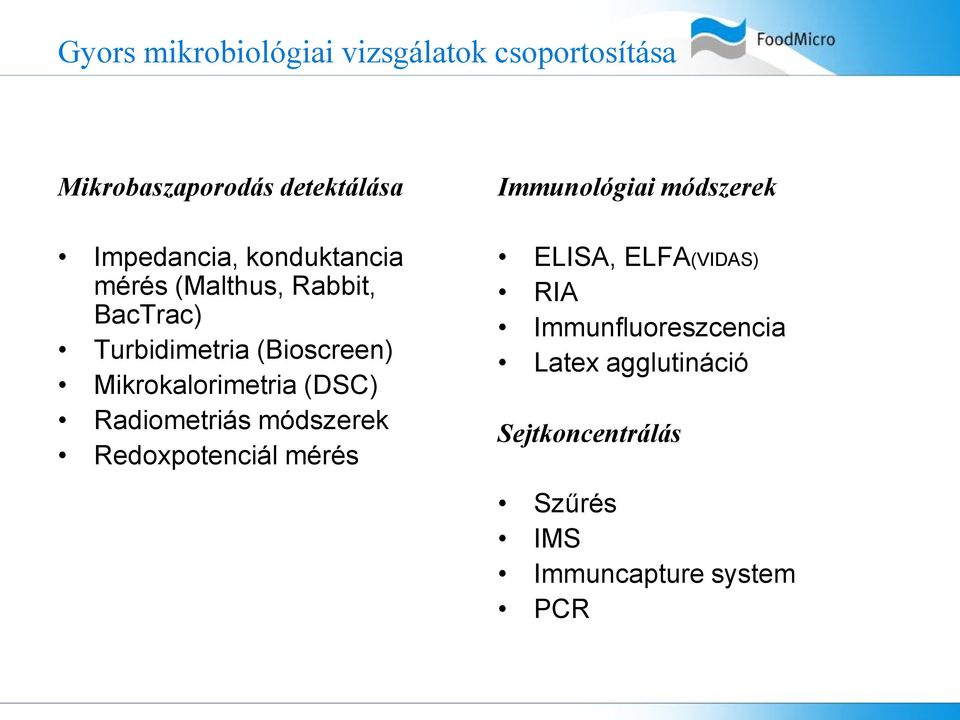 (DSC) Radiometriás módszerek Redoxpotenciál mérés Immunológiai módszerek ELISA, ELFA(VIDAS)