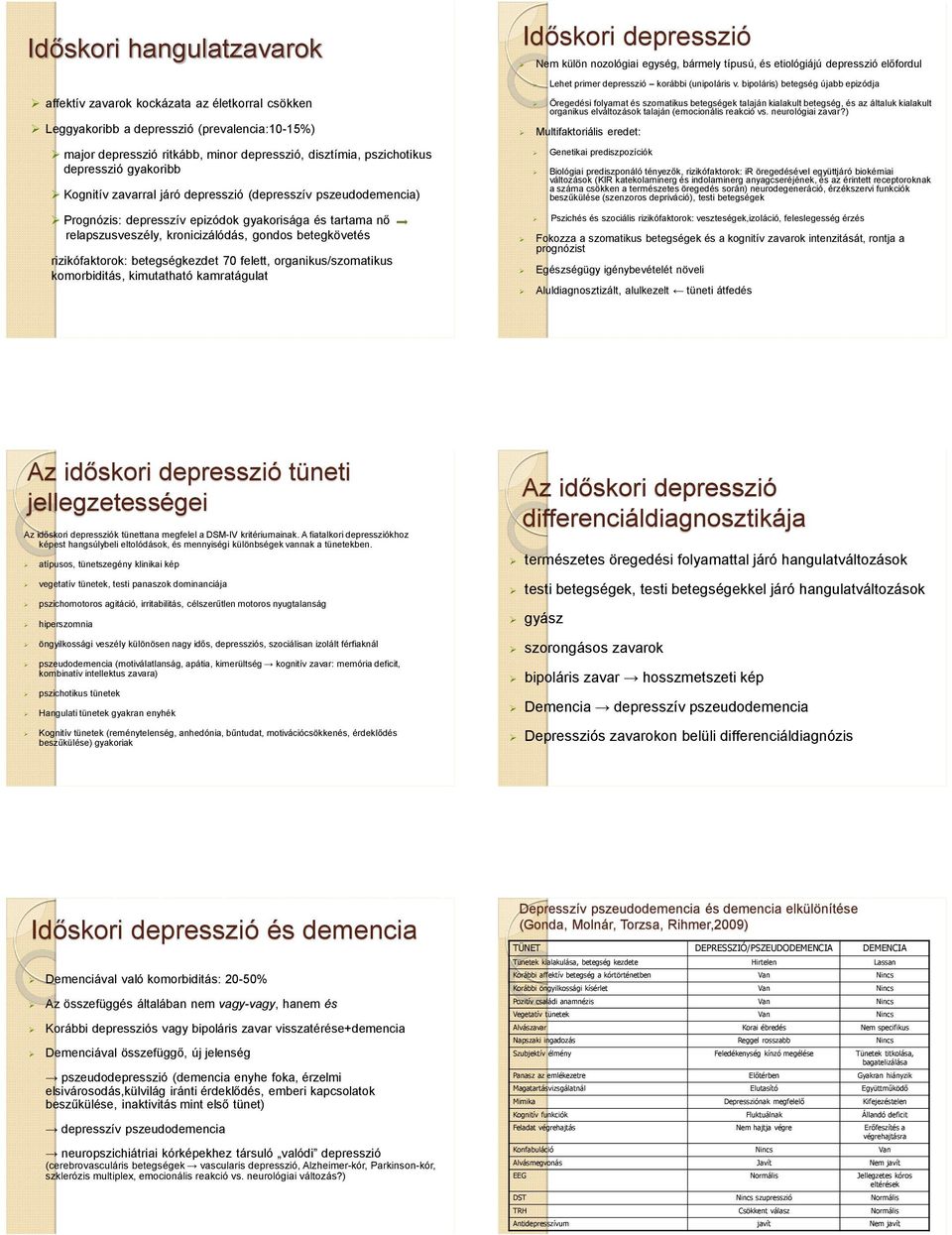 depresszió gyakoribb Kognitív zavarral járó depresszió (depresszív pszeudodemencia) Prognózis: depresszív epizódok gyakorisága és tartama nő relapszusveszély, kronicizálódás, gondos betegkövetés