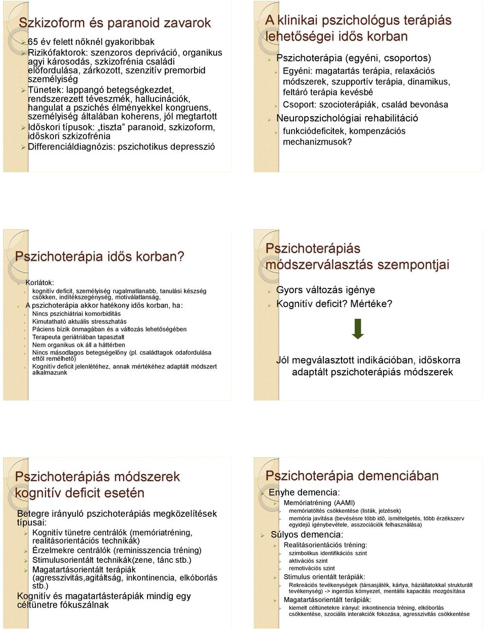 tiszta paranoid, szkizoform, időskori szkizofrénia Differenciáldiagnózis: pszichotikus depresszió A klinikai pszichológus terápiás lehetőségei idős korban Pszichoterápia (egyéni, csoportos) Egyéni: