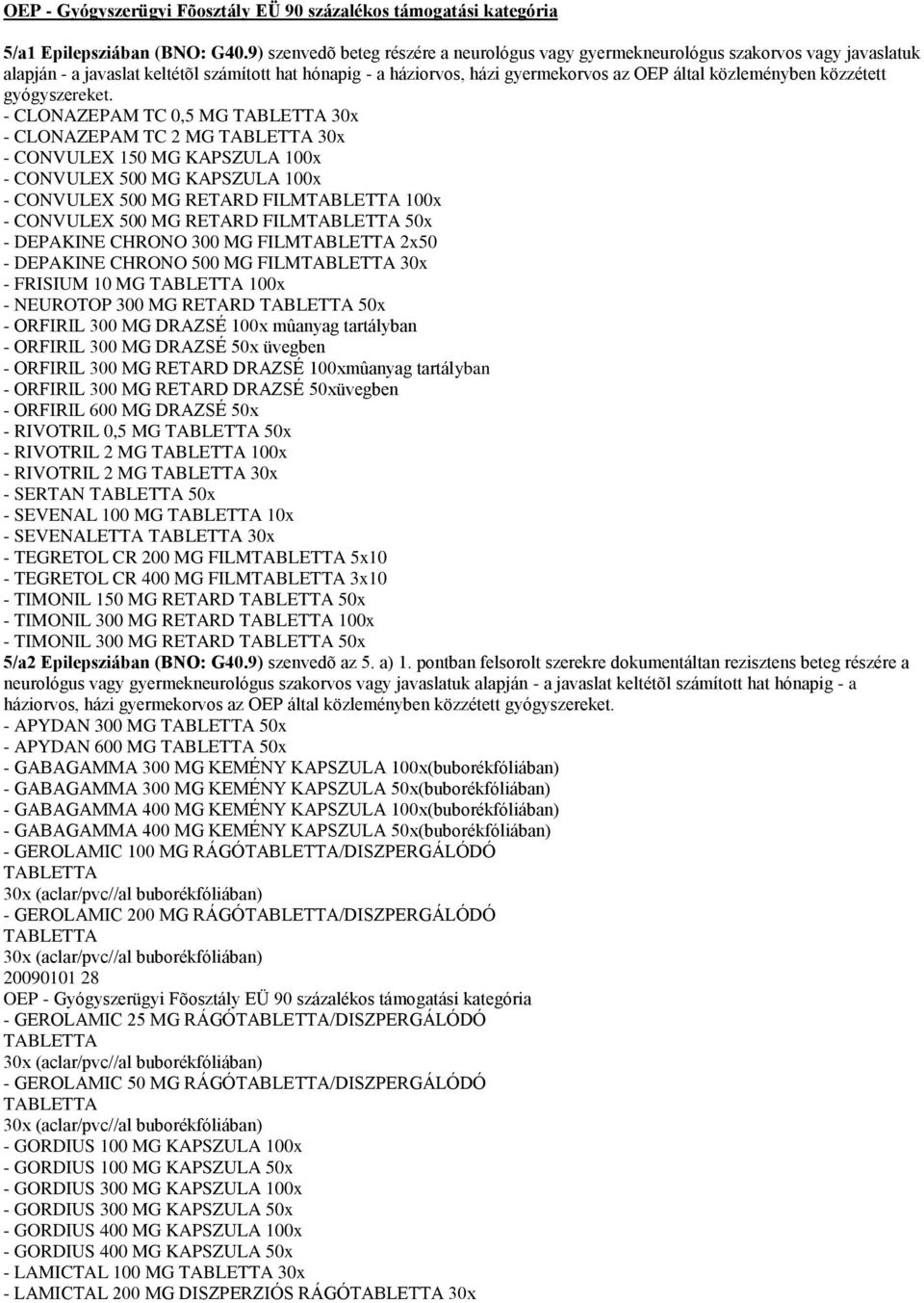 közzétett - CLONAZEPAM TC 0,5 MG 30x - CLONAZEPAM TC 2 MG 30x - CONVULEX 150 MG KAPSZULA 100x - CONVULEX 500 MG KAPSZULA 100x - CONVULEX 500 MG RETARD FILM 100x - CONVULEX 500 MG RETARD FILM 50x -