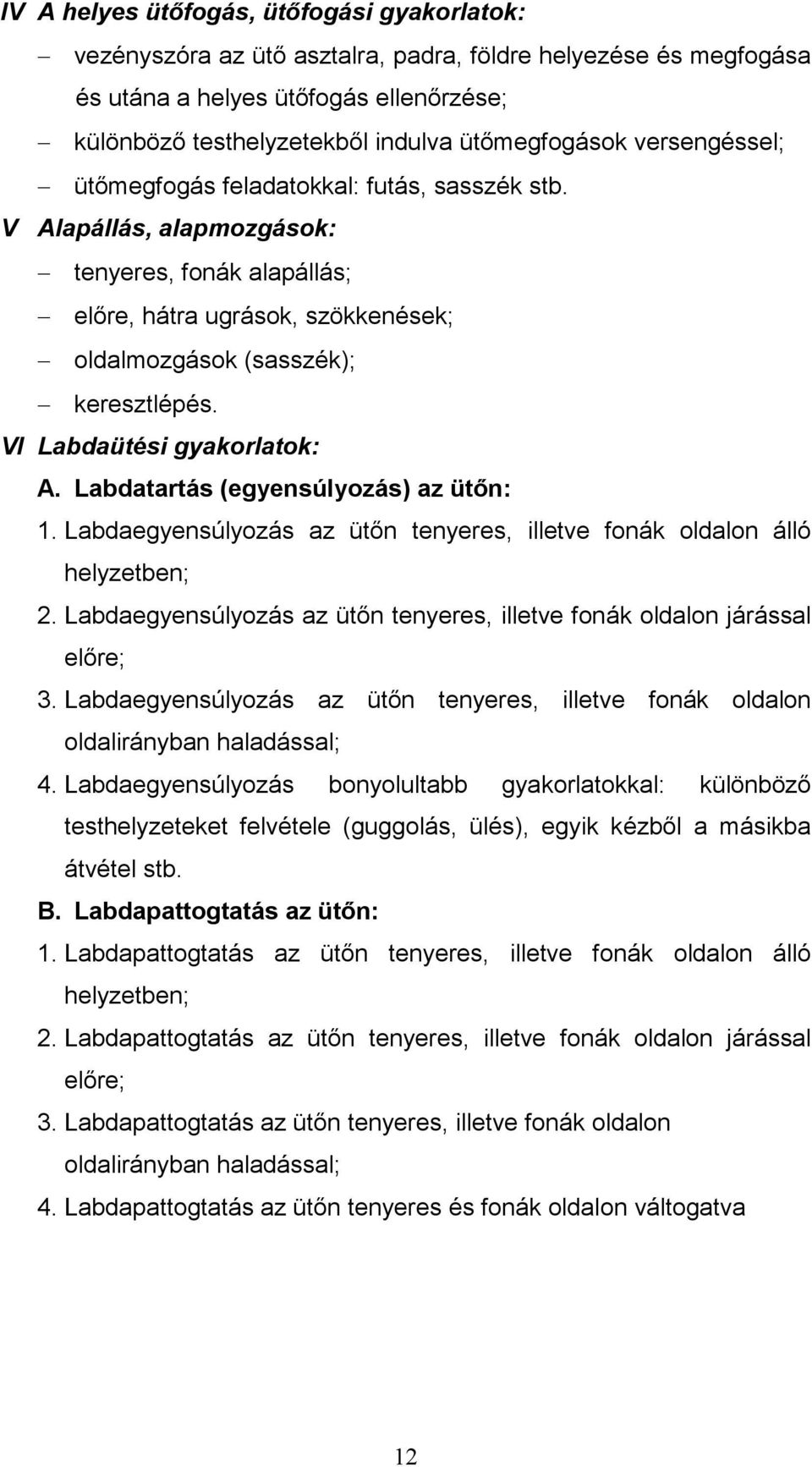 VI Labdaütési gyakorlatok: A. Labdatartás (egyensúlyozás) az ütőn: 1. Labdaegyensúlyozás az ütőn tenyeres, illetve fonák oldalon álló helyzetben; 2.
