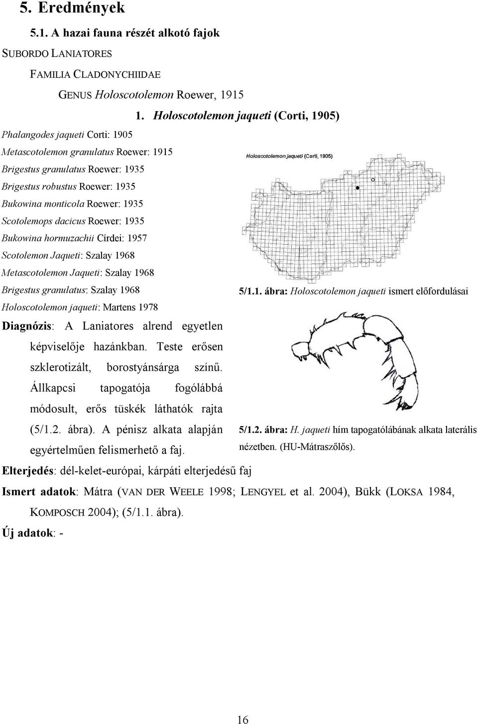 Roewer: 1935 Scotolemops dacicus Roewer: 1935 Bukowina hormuzachii Círdei: 1957 Scotolemon Jaqueti: Szalay 1968 Metascotolemon Jaqueti: Szalay 1968 Brigestus granulatus: Szalay 1968 5/1.1. ábra: Holoscotolemon jaqueti ismert előfordulásai Holoscotolemon jaqueti: Martens 1978 Diagnózis: A Laniatores alrend egyetlen képviselője hazánkban.