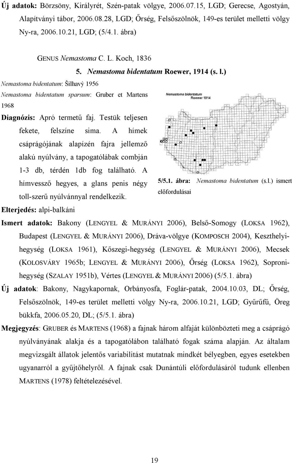 ) Nemastoma bidentatum: Šilhavỳ 1956 Nemastoma bidentatum sparsum: Gruber et Martens 1968 Diagnózis: Apró termetű faj. Testük teljesen fekete, felszíne sima.