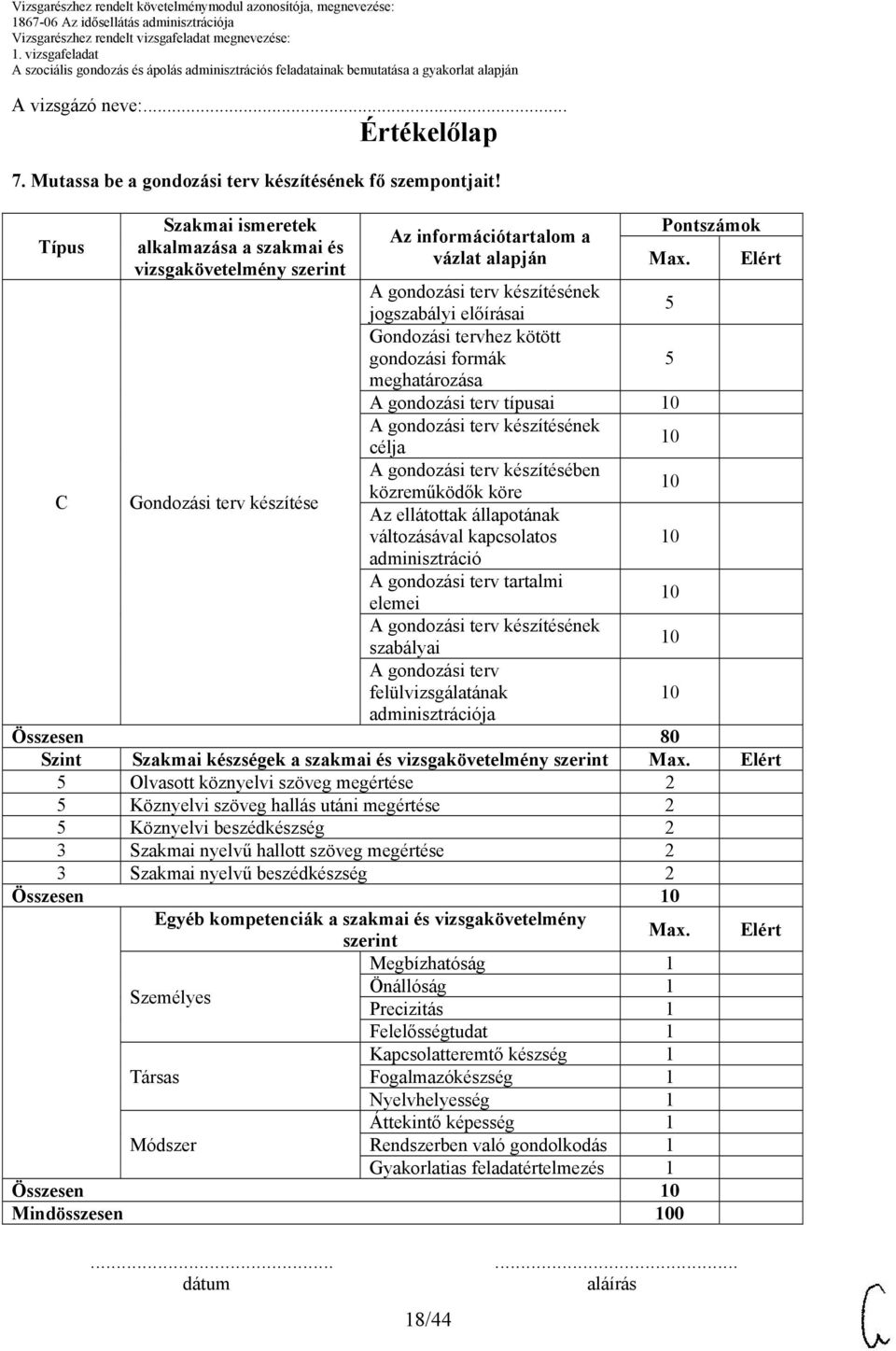 tervhez kötött gondozási formák meghatározása A gondozási terv típusai A gondozási terv készítésének célja A gondozási terv készítésében közreműködők köre C Gondozási terv készítése Az ellátottak