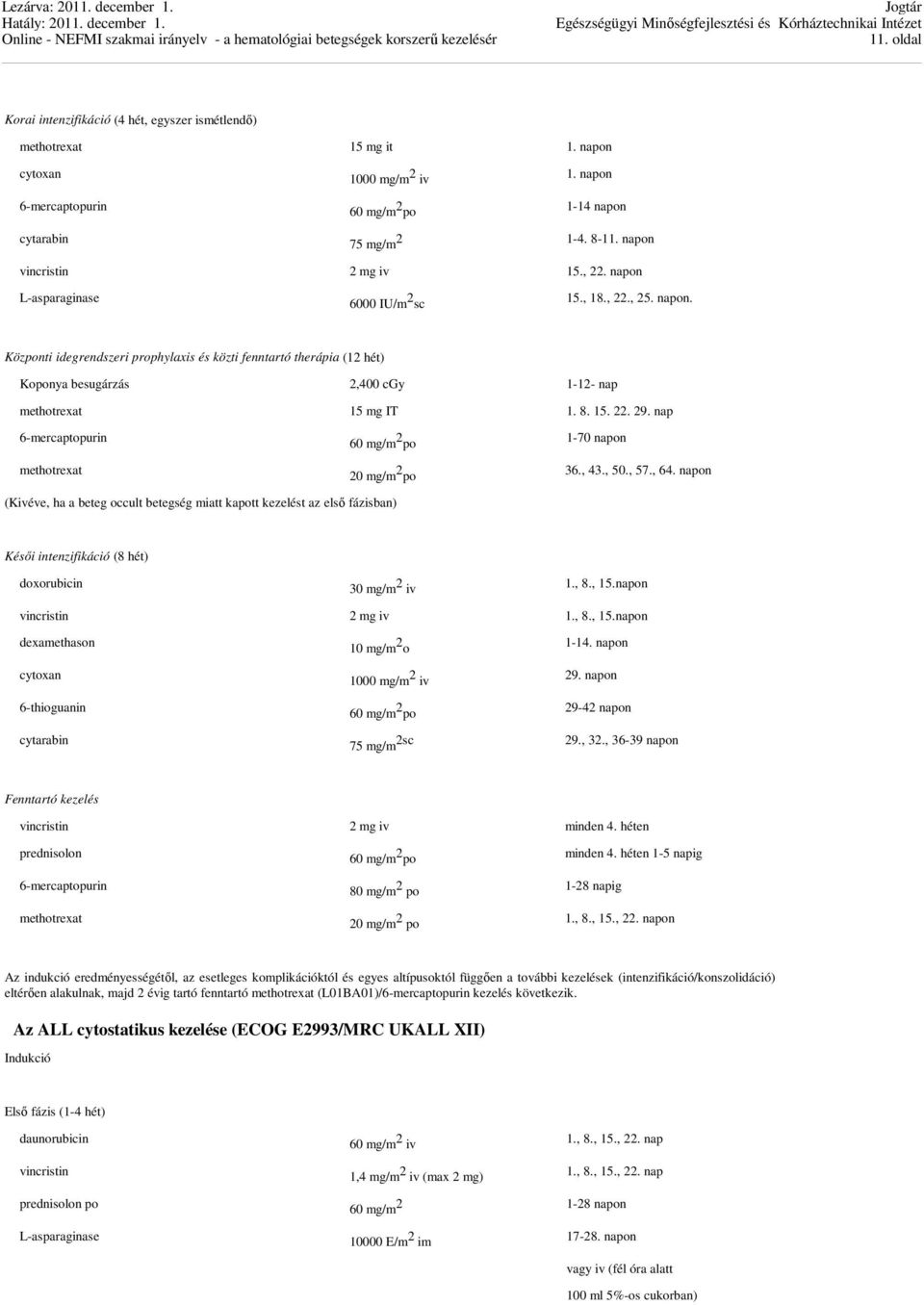 8. 15. 22. 29. nap 6-mercaptopurin 60 mg/m 2 po methotrexat 20 mg/m 2 po (Kivéve, ha a beteg occult betegség miatt kapott kezelést az első fázisban) 1-70 napon 36., 43., 50., 57., 64.