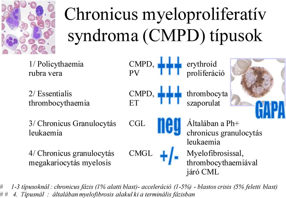 Általában a Ph+ chronicus granulocytás leukaemia Myelofibrosissal, thrombocythaemiával járó CML # 1-3 típusoknál : chronicus fázis (1%