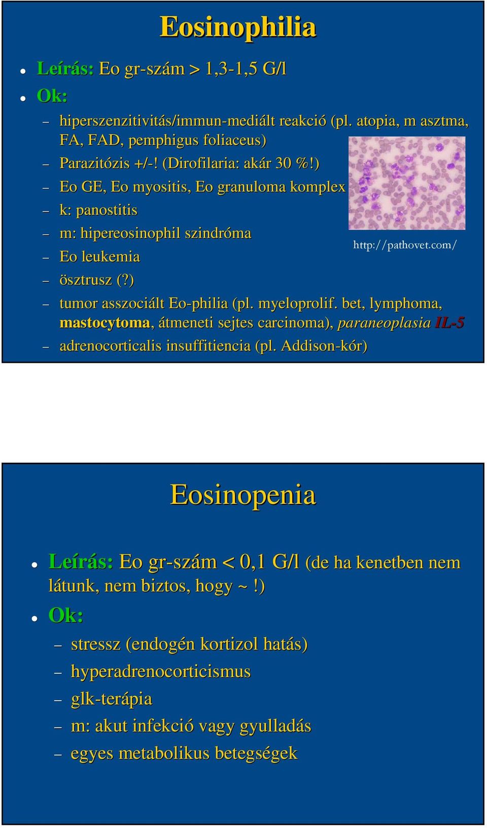 ) tumor asszociált Eo-philia (pl. myeloprolif. bet, lymphoma, mastocytoma,, átmeneti sejtes carcinoma), paraneoplasia IL-5 adrenocorticalis insuffitiencia (pl.