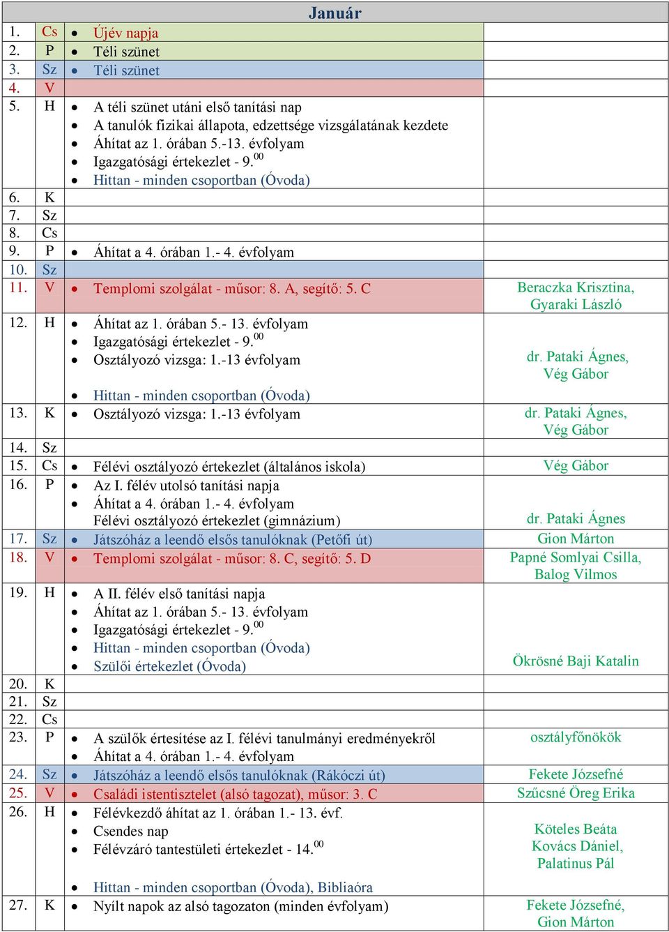 évfolyam Osztályozó vizsga: 1.-13 évfolyam, 13. K Osztályozó vizsga: 1.-13 évfolyam, 14. Sz 15. Cs Félévi osztályozó értekezlet (általános iskola) 16. P Az I. félév utolsó tanítási napja Áhítat a 4.