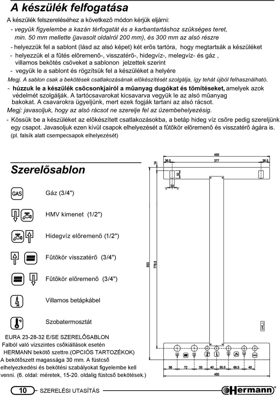 visszatérõ-, hidegvíz-, melegvíz- és gáz, villamos bekötés csöveket a sablonon jelzettek szerint - vegyük le a sablont és rögzítsük fel a készüléket a helyére Megj.