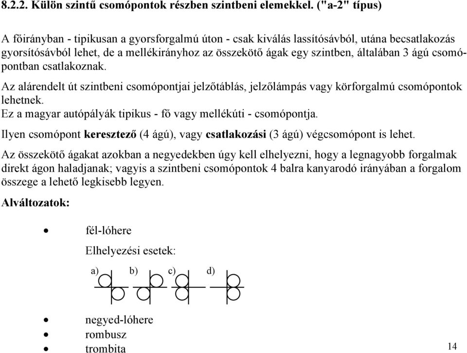 csomópontban csatlakoznak. Az alárendelt út szintbeni csomópontjai jelzőtáblás, jelzőlámpás vagy körforgalmú csomópontok lehetnek. Ez a magyar autópályák tipikus - fő vagy mellékúti - csomópontja.