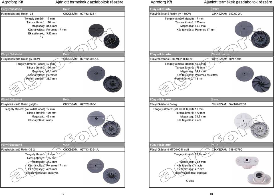 1600W CIKKSZÁM: 027/62-2/U Tengely átmérő: (lapolt) 17 mm Tárcsa átmérő: 170 mm Magasság: 40,6 mm Kés tályolása: Peremes 17 mm Fűnyírókéstartó Fünyírókéstartó Rotim gy.