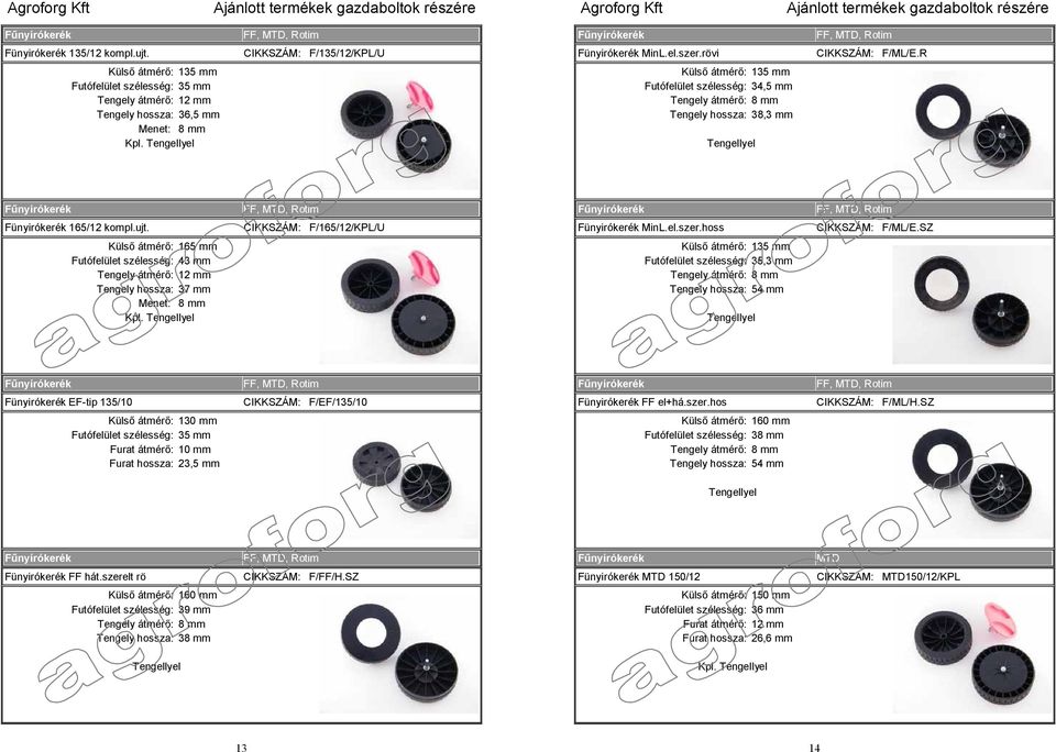 Tengellyel Külső átmérő: 135 mm Futófelület szélesség: 34,5 mm Tengely átmérő: 8 mm Tengely hossza: 38,3 mm Tengellyel Fűnyírókerék FF, MTD, Rotim Fűnyírókerék FF, MTD, Rotim Fünyirókerék 165/12