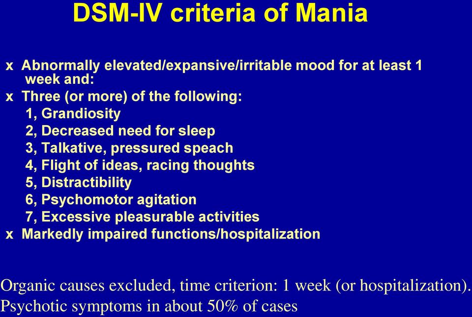 thoughts 5, Distractibility 6, Psychomotor agitation 7, Excessive pleasurable activities x Markedly impaired