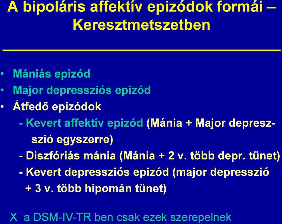 depreszszió egyszerre) - Diszfóriás mánia (Mánia + 2 v. több depr.