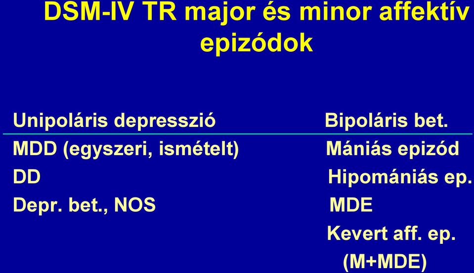 MDD (egyszeri, ismételt) Mániás epizód DD