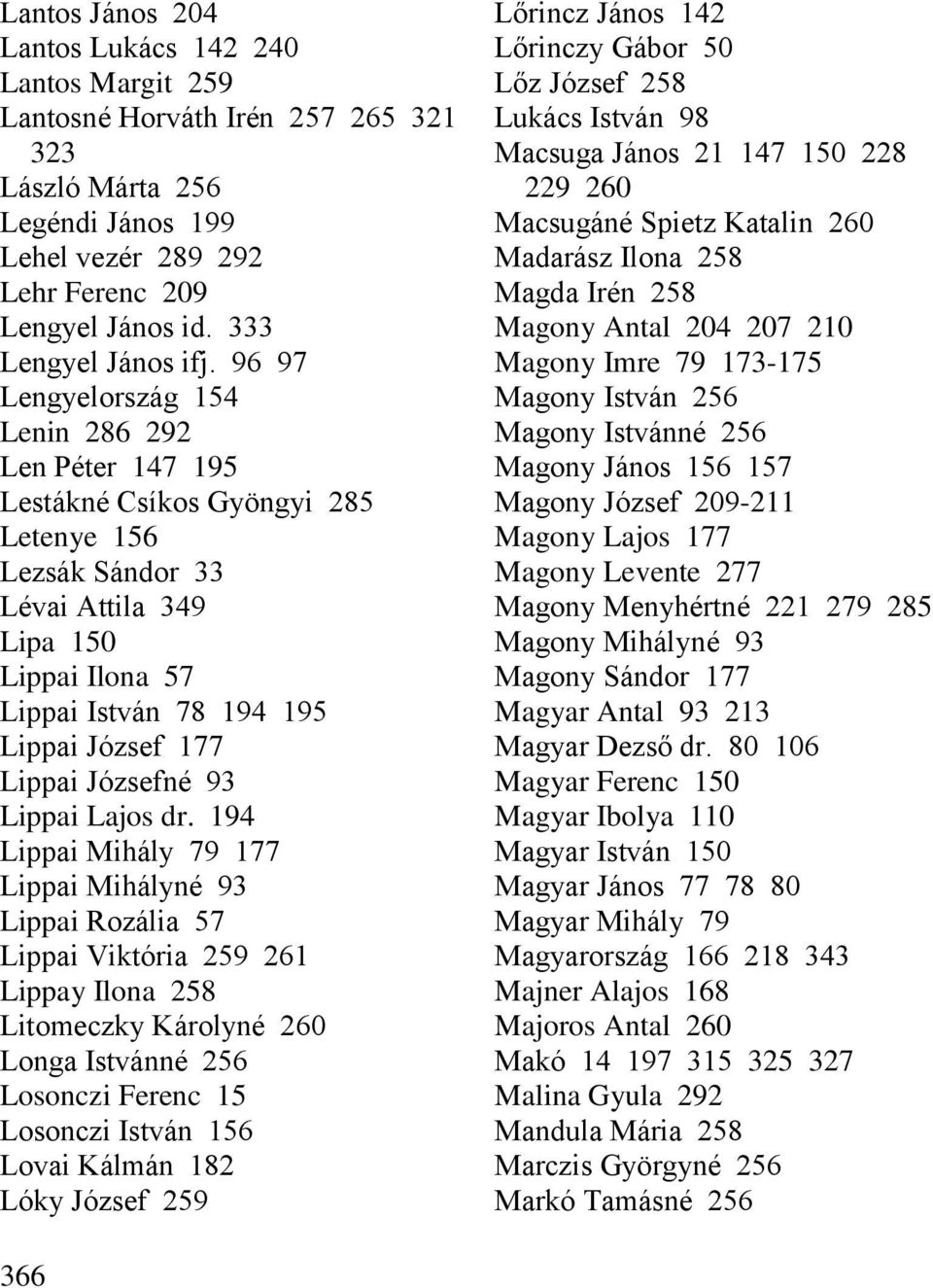 96 97 Magony Imre 79 173-175 Lengyelország 154 Magony István 256 Lenin 286 292 Magony Istvánné 256 Len Péter 147 195 Magony János 156 157 Lestákné Csíkos Gyöngyi 285 Magony József 209-211 Letenye 156
