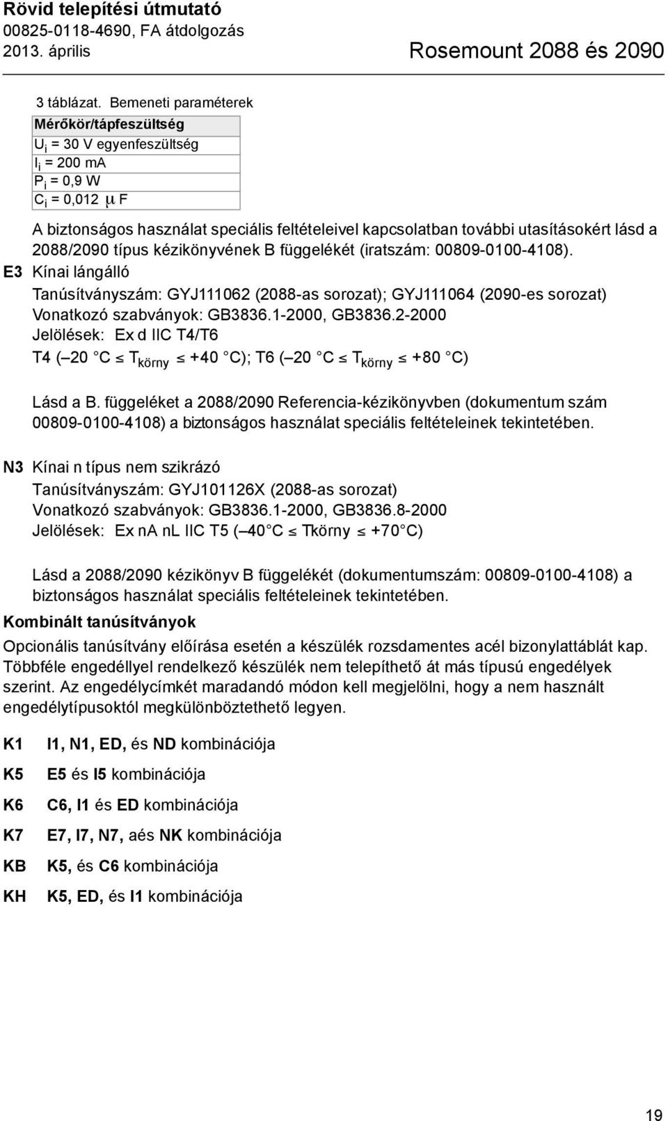 2088/2090 típus kézikönyvének B függelékét (iratszám: 00809-0100-4108). E3 Kínai lángálló Tanúsítványszám: GYJ111062 (2088-as sorozat); GYJ111064 (2090-es sorozat) Vonatkozó szabványok: GB3836.