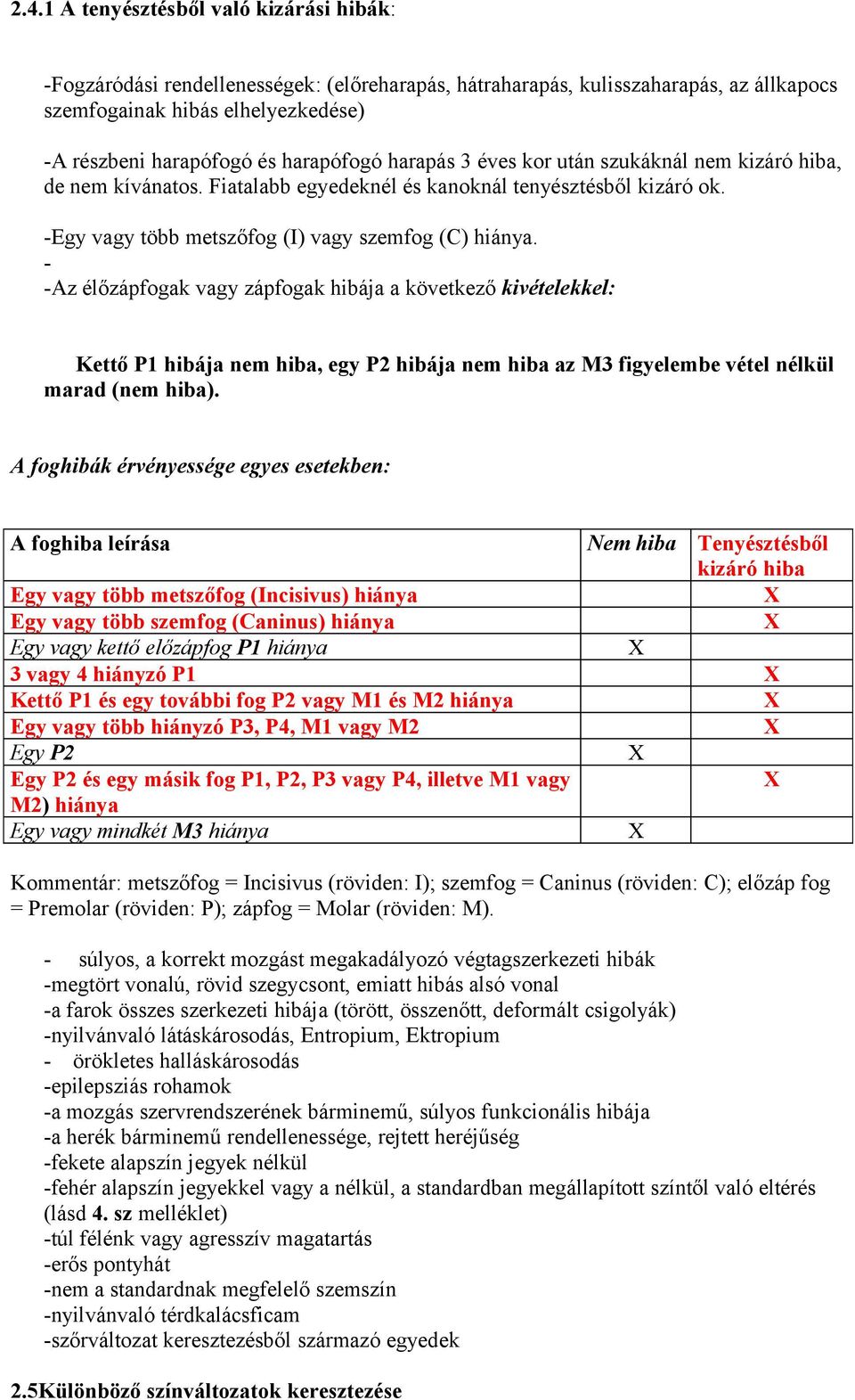 -Az élőzápfogak vagy zápfogak hibája a következő kivételekkel: Kettő P1 hibája nem hiba, egy P2 hibája nem hiba az M3 figyelembe vétel nélkül marad (nem hiba).