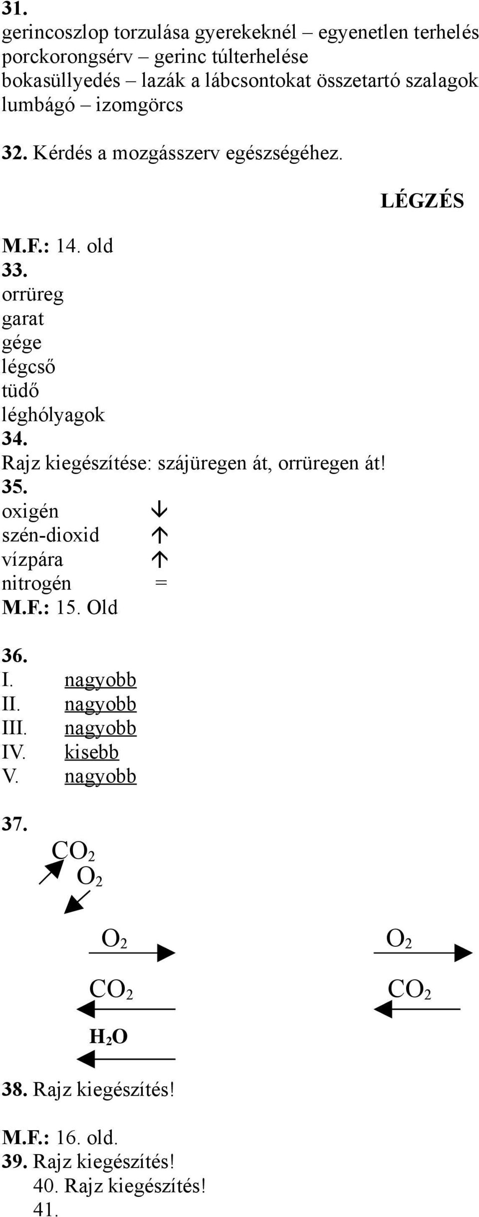 Rajz kiegészítése: szájüregen át, orrüregen át! 35. oxigén szén-dioxid vízpára nitrogén = M.F.: 15. Old 36. I. nagyobb II. nagyobb III.