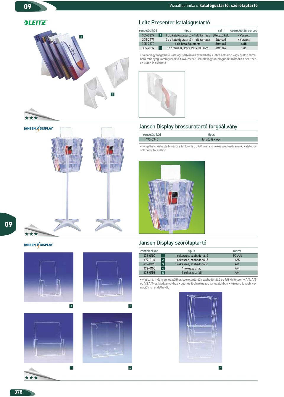 műanyag katalógustartó A/4 ű iratok vagy katalógusok számára szettben és külön is elérhető Jansen Display brossúratartó forgóállvány 47-040 forgó, x A/4 forgatható víztiszta brossúra tartó db A/4 ű