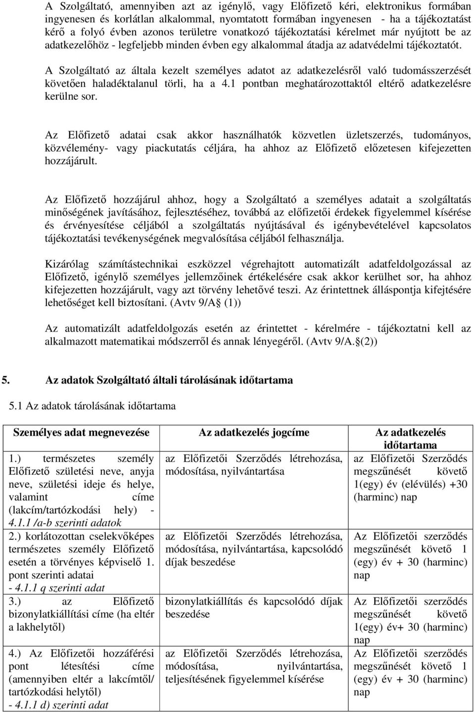 A Szolgáltató az általa kezelt személyes adatot az adatkezelésről való tudomásszerzését követően haladéktalanul törli, ha a 4.1 pontban meghatározottaktól eltérő adatkezelésre kerülne sor.