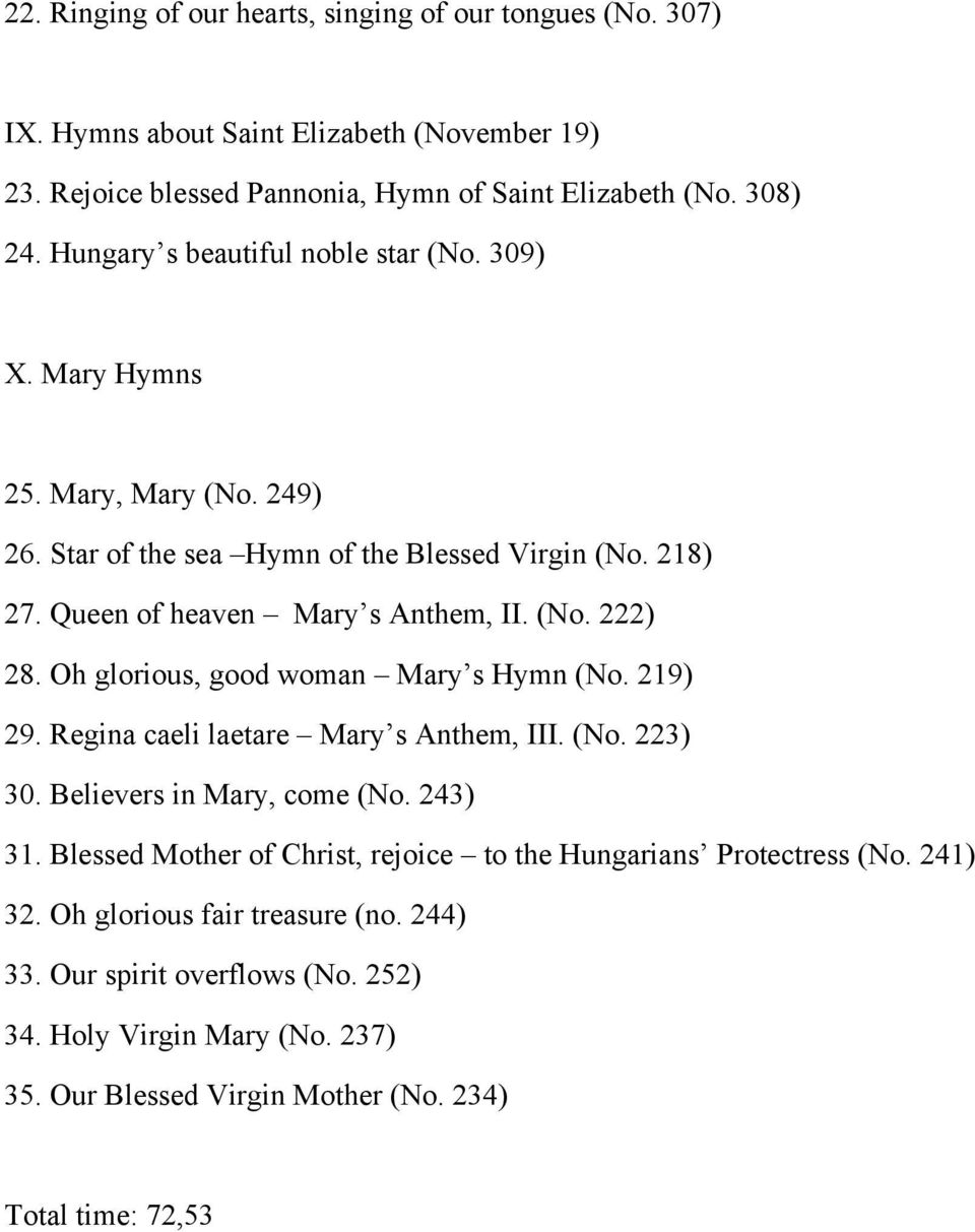 Oh glorious, good woman Mary s Hymn (No. 219) 29. Regina caeli laetare Mary s Anthem, III. (No. 223) 30. Believers in Mary, come (No. 243) 31.