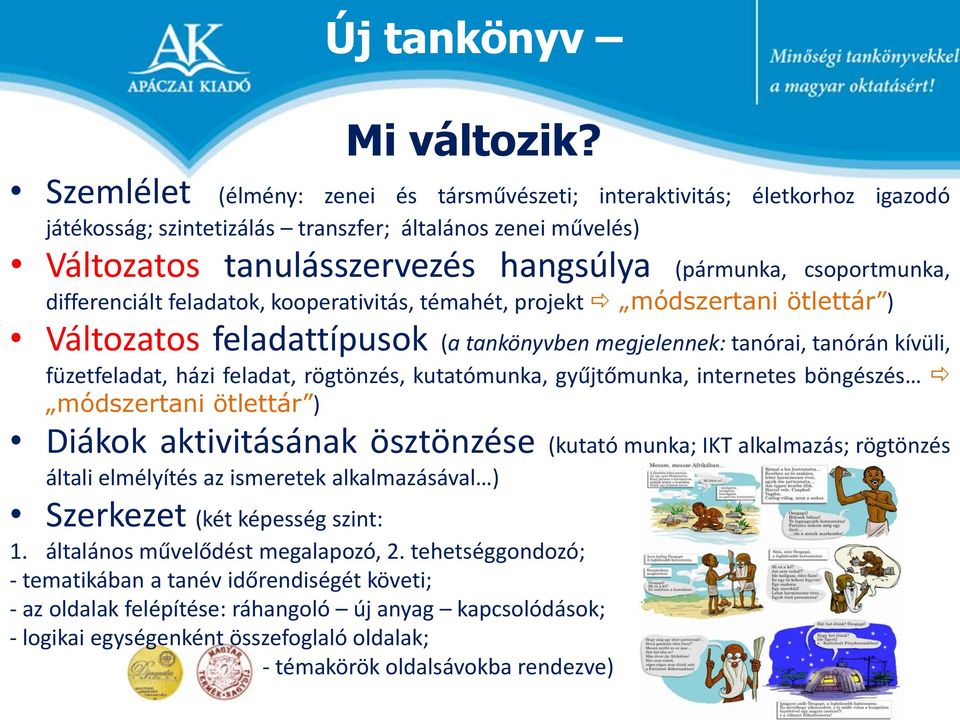 csoportmunka, differenciált feladatok, kooperativitás, témahét, projekt módszertani ötlettár ) Változatos feladattípusok (a tankönyvben megjelennek: tanórai, tanórán kívüli, füzetfeladat, házi