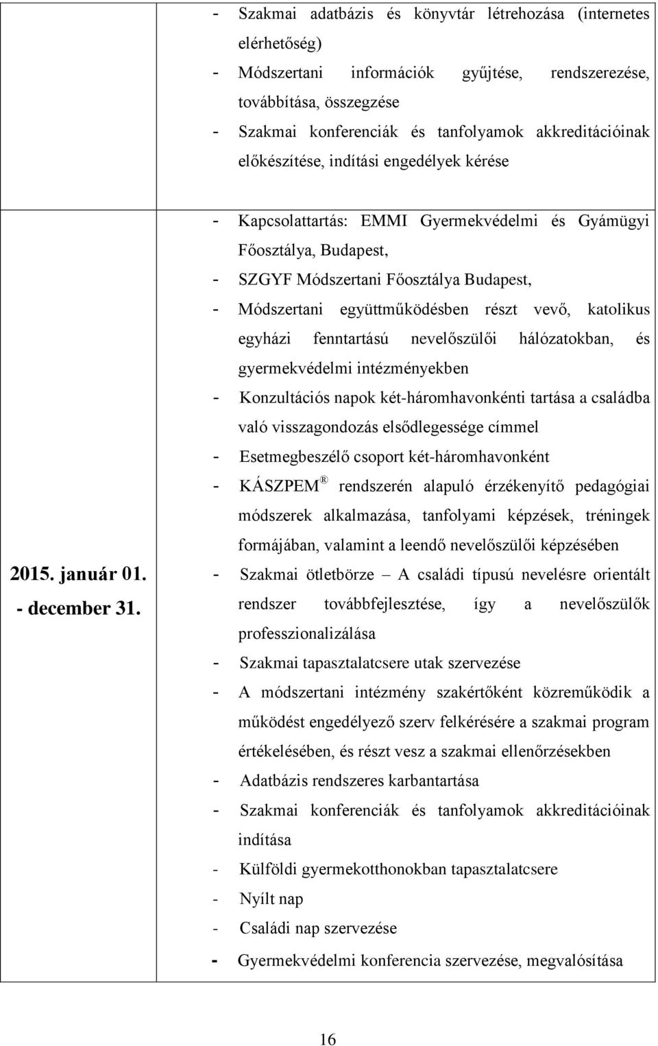 - Kapcsolattartás: EMMI Gyermekvédelmi és Gyámügyi Főosztálya, Budapest, - SZGYF Módszertani Főosztálya Budapest, - Módszertani együttműködésben részt vevő, katolikus egyházi fenntartású nevelőszülői