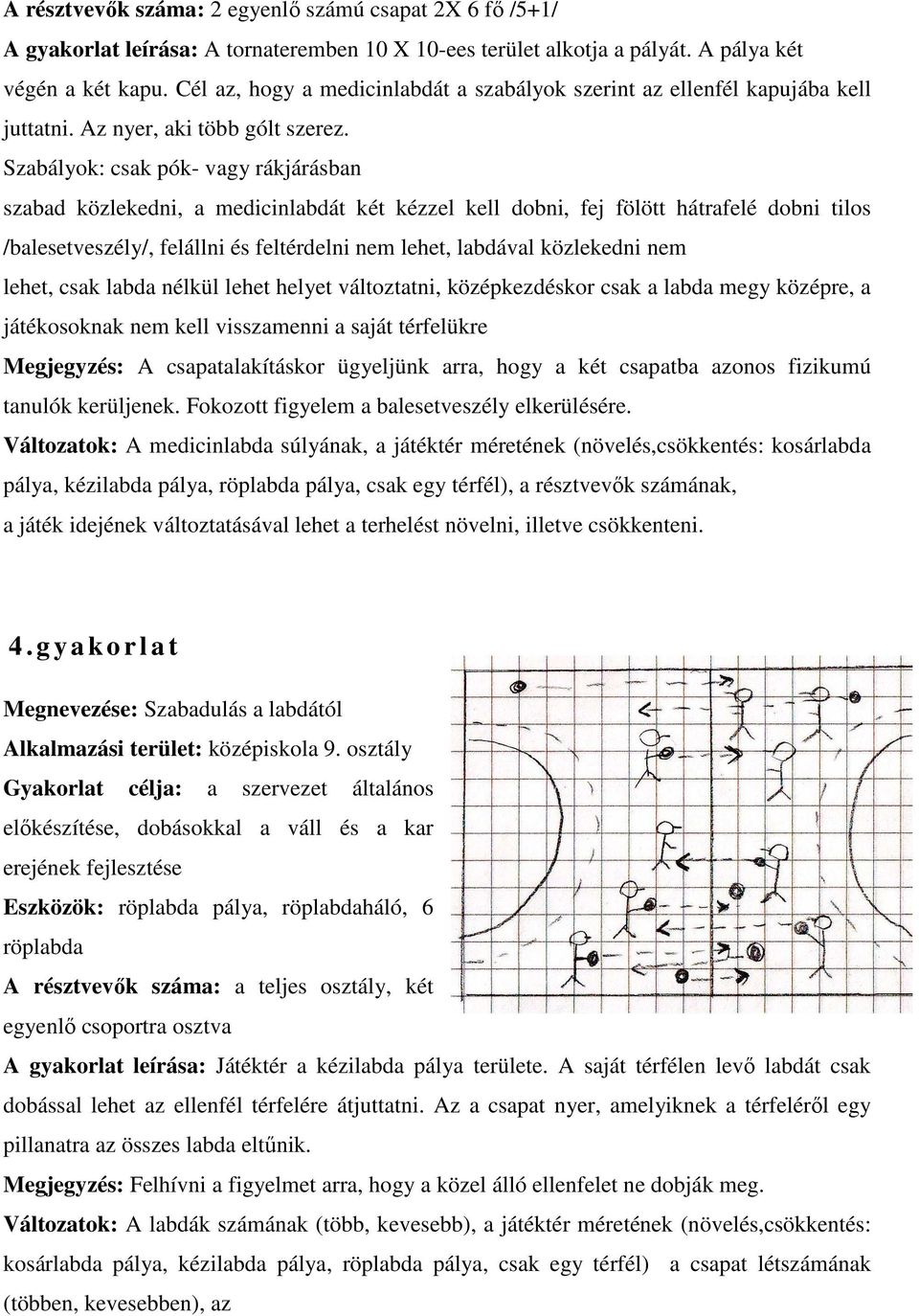 Szabályok: csak pók- vagy rákjárásban szabad közlekedni, a medicinlabdát két kézzel kell dobni, fej fölött hátrafelé dobni tilos /balesetveszély/, felállni és feltérdelni nem lehet, labdával