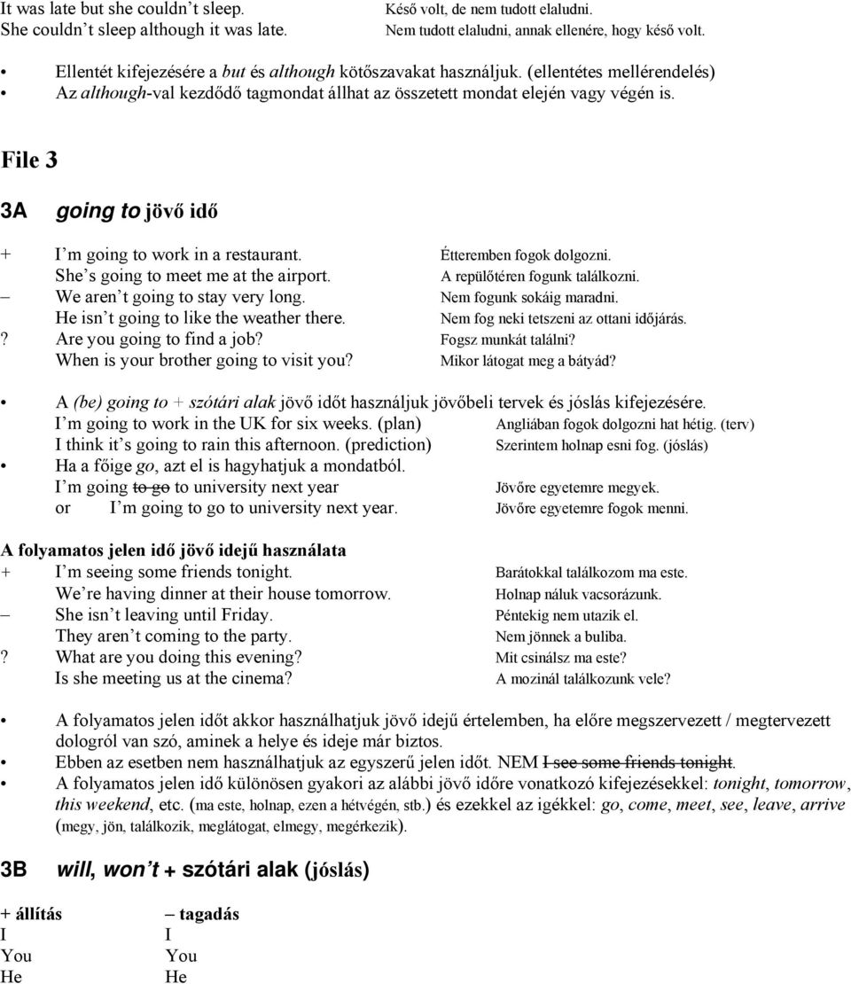File 3 3A going to jövő idő + I m going to work in a restaurant. Étteremben fogok dolgozni. She s going to meet me at the airport. A repülőtéren fogunk találkozni. We aren t going to stay very long.